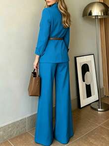 Setelan 2 Potong Wanita Musim Gugur: Blazer Berkerah Elegan dengan Sabuk dan Celana Panjang Lebar - Biru - View 2