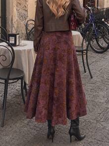 Rok Wanita Bermotif Bunga dengan Pinggang Berkerut, Modis dan Elegan - Burgundy - View 6