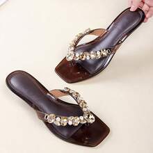 Cat Toe Square Toe Flip Flops Thin Heel Rhinestone Outdoor Wear Low Heel Slip-On Jelly Sandals - Gold - View 5