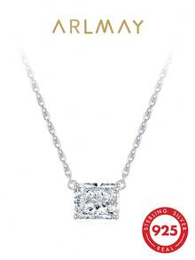 1pc 925 Sterling Silver Rectangular Pendant Necklace, Women's Aesthetic Sparkling Ice Flower Zirconia Daily Jewelry - Silver - View 1