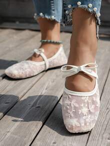 女款平底涼鞋 網布蕾絲刺繡 優雅溫柔蝴蝶結 中式風格 圓頭 適合海灘度假、婚禮派對、辦公室、四季日常通勤、約會派對的首選 - 白色 - 查看 4