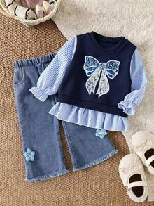 Baby Girl Cartoon Decor Crew Neck Long Sleeve Warm 2 In 1 Sweatshirt And Denim Pants - Royal Blue - View 1
