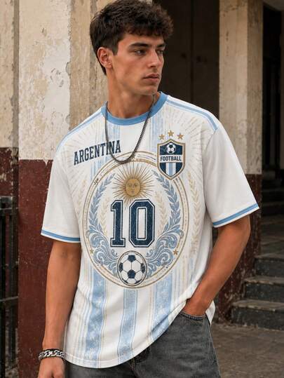 Kaos Fractyr Pria Argentina No. 10 May Sun dengan Cetakan Lencana Sepak Bola, Atasan Lengan Pendek Bergaris Putih & Biru Muda Bergaya Vintage Sepak Bola