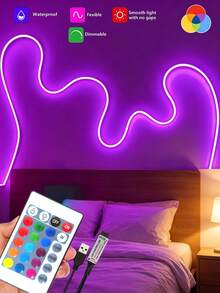 1pc RGB Neon LED Silicone Flexible Light Strip, With 24-Key Remote Control, Dimmable And Color Changing, Suitable For Indoor And Outdoor Christmas Decoration, USB LED Light Strip For Living Room, 1m 5m 10m, 5V Remote Control Light For TV Background Lighting RGB Night Light - Multi-color light - View 4