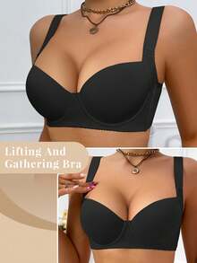 1pc Women's Black Daily Underwire Push-Up Bra, Side-Smoothing Seamless Support Bra - Black - View 5