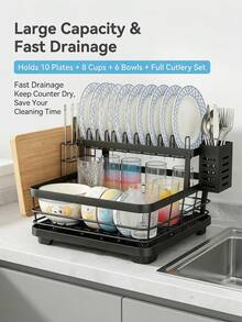 Multifunctional Two-Tier Kitchen Sink Dish Drainer Organizer Rack, Stainless Steel Divided Storage System With Independent Slots For Cutlery, Knives, Plates & Cutting Boards, Space-Saving Large Capacity Modular Countertop Kitchen Storage - Black - View 5