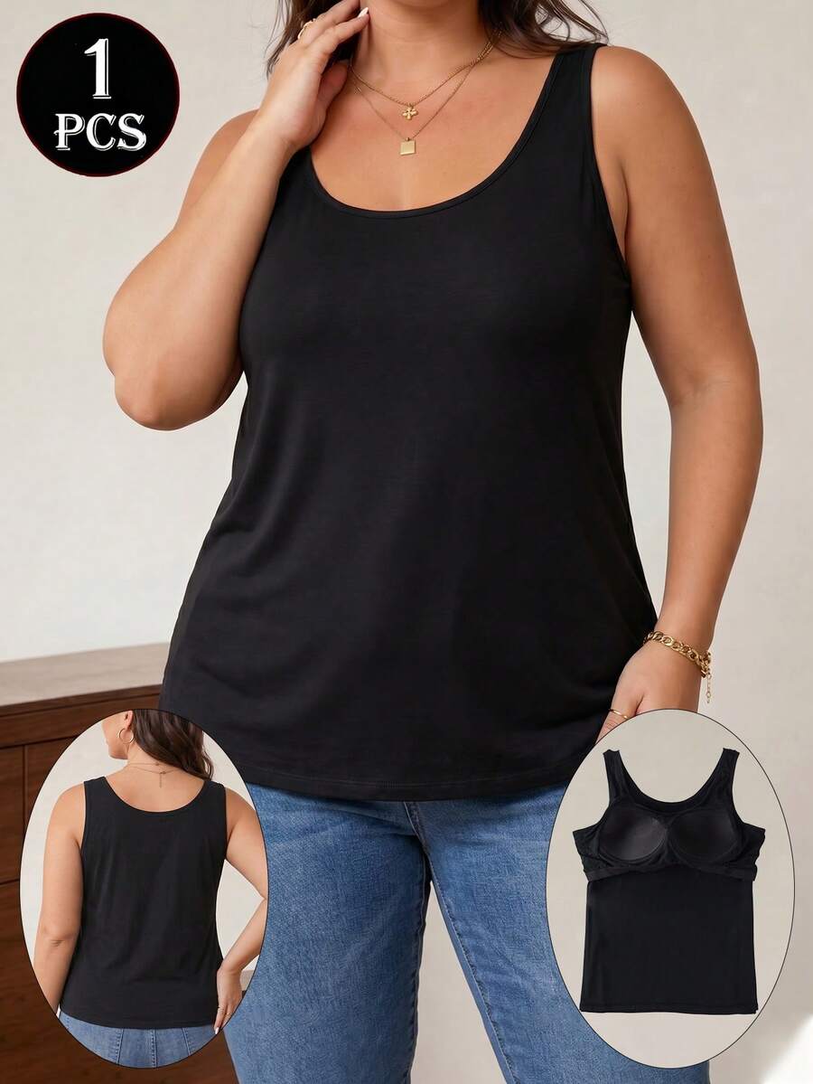 1pc Women's Plus Size U-Neck Built-In Bra Tank Top, Soft Modal Elastic Fabric, Breathable Support Loose Fit, Basic Casual Sleeveless Top - Black - View 1