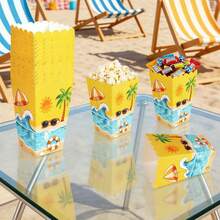 24/12pcs/1pc Beach Theme Popcorn Paper Boxes, Paper Candy Containers, Summer Tropical Palm Tree Sun Wave Pattern, Suitable For Hawaiian BBQ Party, Beach Party - Default - View 9