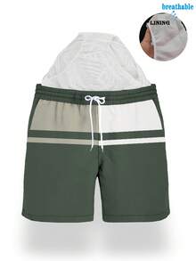 Bañador de hombre con rayas rojas, blancas y azules, diseño de bloques de color, forro triangular incorporado, shorts de playa de secado rápido - Verde - Ver 6
