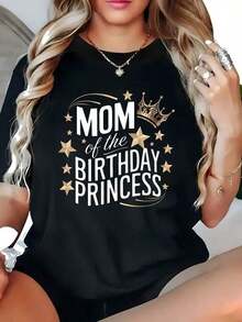 Unisex Round Neck T-Shirt, 100% Pure Cotton, Plus Size Graphic T-Shirt "Birthday Princess Mom," Casual Short Sleeve T-Shirt - Black - View 1