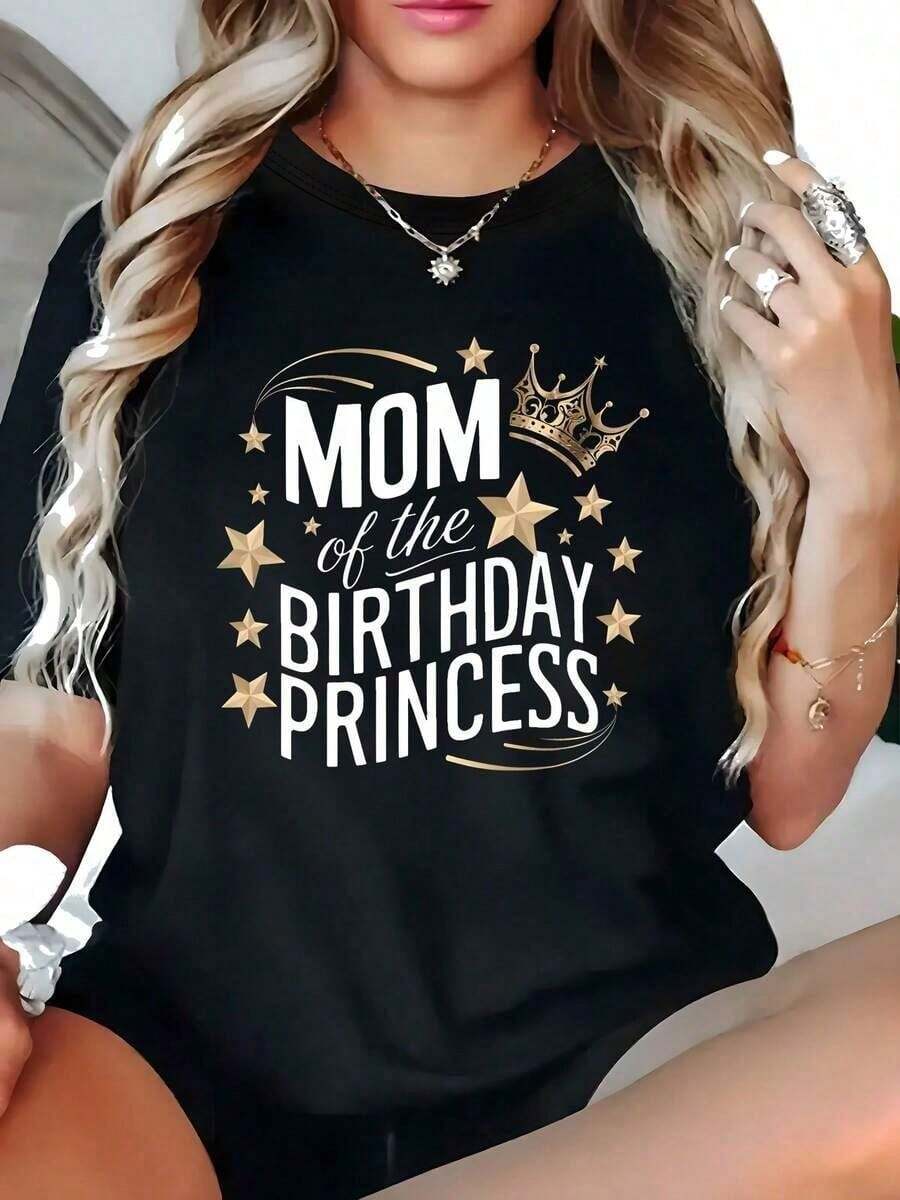 Unisex Round Neck T-Shirt, 100% Pure Cotton, Plus Size Graphic T-Shirt "Birthday Princess Mom," Casual Short Sleeve T-Shirt - Black - View 1