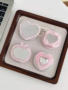 Pink Mirror Magnetic Phone Stand, INS Style Cute Back Sticker Mirror With Bear, Flower, Heart, Apple, Star, Desktop Binge-Watching Support Stand, High-End Korean Style Telescopic Airbag MagSafe Case - Pink Apple SMA Mirror - View 3