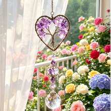 Amethyst Chip Heart Tree Crystal Sun Catcher, Iridescent Prism Hanging Ornament, Boho Car Home Window Balcony Decor Pendant Gift - A Love Chakra Tree Of Life Light Catcher - View 5