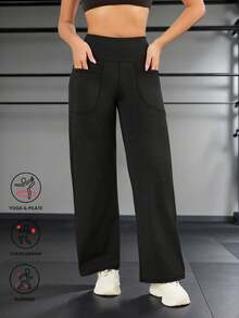 Women's Pocket Yoga Pants Casual Sports Straight Leg High Waist Slimming Tummy Control Dance Wide Leg Long Pants - Black - View 5