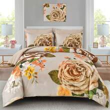 3 Pieces Brown Floral Print Comforter Doona Sets Double Queen King Bedding Set With 2 Pillowcases,3Pcs Soft & Comfortable Botanical Flower Lightweight Quilted Bedding Set With Polyester Filling,Room Decor,Machine Washable,All Season,Wedding Gift - Brown - View 13