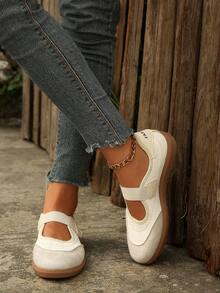 Vintage Ballet Style Mary Jane Flat Shoes, Beige & Grey Colorblock Rubber Anti-Slip Sole Slip-On Casual Sneakers - Beige - View 6