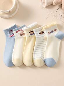 5 Pairs Women's Cute Sweet Breathable Cartoon Puppy Striped Pattern Short Invisible Socks, With Ruffle Ankle Socks, Boat Socks, Ruffle Socks, White Socks, Yellow Socks, Student Socks, Random Color, Suitable For Daily Casual, Suitable For Spring And Summer Seasons, All Season Wear - Multicolor - View 3