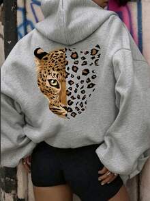 Women's Hooded Sweatshirt, New Autumn/Winter Leopard Print & Leopard Pattern Graphic, Drawstring Design, With Pockets, Casual Versatile Loose Fit Top, Fashion Daily Wear - Dark Gray - View 2