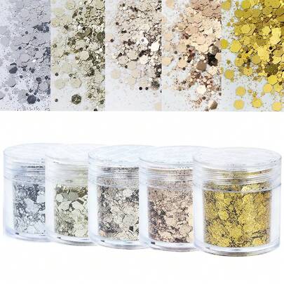 Glitter Emas Tebal, 5 Botol 5 Warna, Glitter Wajah, Glitter Kerajinan Resin Rambut Holografik, Stoples 10g, Glitter Kosmetik, Dekorasi Seni Kuku DIY, Permata Kuku, Perlengkapan Kuku