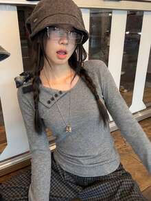 Solid Color Asymmetrical Neckline Tie Long Sleeve Slim Fit Cold Shoulder Inner Layer T-Shirt - Grey - View 1
