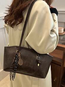 1pc New Coffee Color Rhombus Pattern Bowling Bag, Zipper Closure, Solid Color PU Material, Large Capacity Handbag, Very Suitable - Coffee - View 6