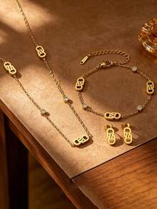 Luxury Hollow A Letter Rhinestone Jewelry 3 Pieces Set, European And American Commuter Style, Versatile And Timeless, Layered Look For Single Or Stacked Wear, Flattering And Elegant, Suitable For Self-Use Or Gift, Hot-Selling Influencer-Style Complete Accessory Set - Gold - View 1