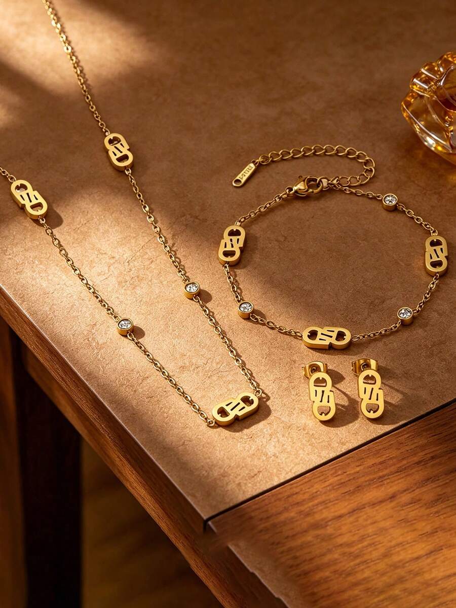 Luxury Hollow A Letter Rhinestone Jewelry 3 Pieces Set, European And American Commuter Style, Versatile And Timeless, Layered Look For Single Or Stacked Wear, Flattering And Elegant, Suitable For Self-Use Or Gift, Hot-Selling Influencer-Style Complete Accessory Set - Gold - View 1