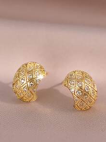 3pairs/2pairs/1pair Luxury Textured Micro Paved Cubic Zirconia Earring Sets, Versatile Gold Plated Copper Jewelry For Bridal Wedding Daily Banquet - Gold - View 8