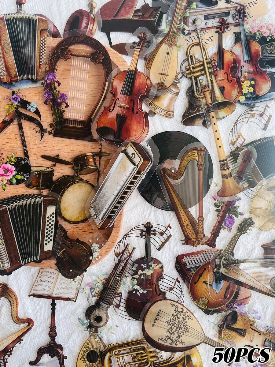 50pcs Vintage Musical Instrument Stickers For Luggage, Laptop, Scrapbook, Diary, Skateboard, Guitar, Helmet, Instrument Case DIY Decor School Supplies