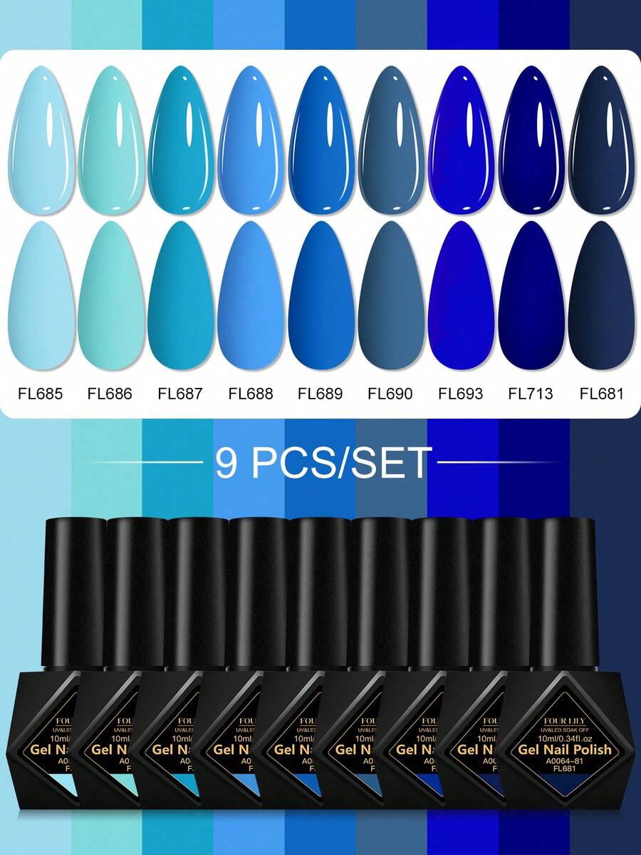 FOUR LILY 9件組 10ml 藍色凝膠指甲油套組，HEMA TPO FREE 半永久浸泡式 UV 凝膠指甲油，適合夏季美甲，持久、無鉛 DIY 指甲設計，可用於裝飾、美甲繪圖，適用於沙龍與居家美甲護理產品