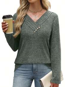 Women's Casual Long Sleeve V-Neck Button-Up Sweater Shirt, Autumn/Winter Fashion Pullover Top - Green - View 3