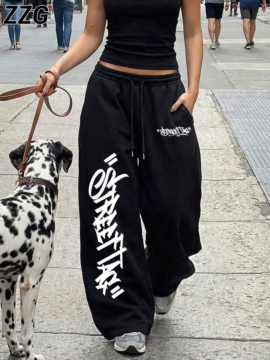 ZZG 春夏女款「字母」印花街頭風黑色前口袋簡約時尚日常寬鬆抽繩長褲 - 黑色 - 查看 1