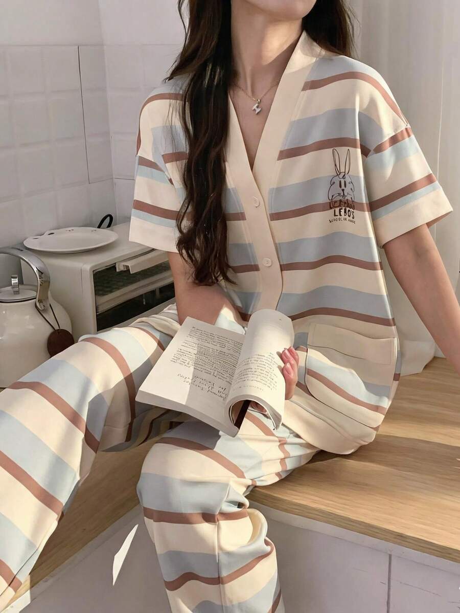 2件組可愛印花女款睡衣 春夏秋 V領短袖長褲 親膚家居服套裝 - 杏色 - 查看 1