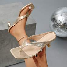 Women's Toe-Post Design Fashionable Daily Wear High Heel Sandals - Gold - View 6