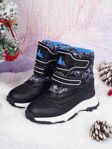 Kids Winter Thermal Lined Snow Boots Boys, Double Hook & Loop Anti-Slip Thick Sole Mid-Calf Warm Snow Boots - Black - View 1