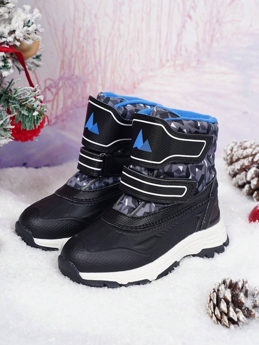 Kids Winter Thermal Lined Snow Boots Boys, Double Hook & Loop Anti-Slip Thick Sole Mid-Calf Warm Snow Boots - Black - View 1