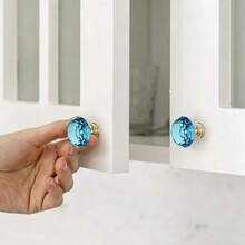 8 buah Gagang Laci Biru Langit 30mm, Gagang Kabinet Kaca Kristal Berbentuk Berlian dengan Alas Emas, Cocok untuk Dapur, Meja Rias, Pintu, Kabinet - 8 item - View 3