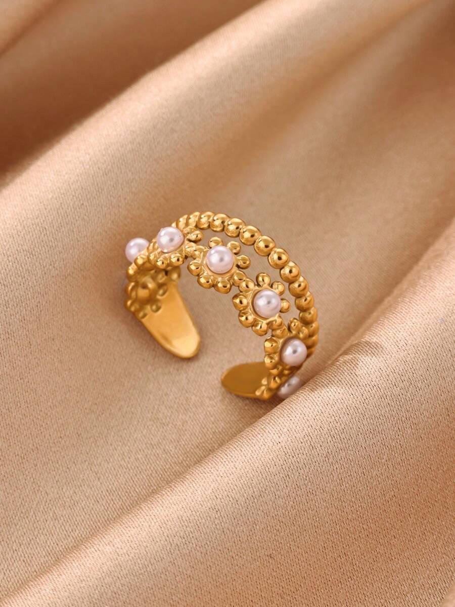 1PC Multi-Layer Faux Pearl Stitching Flower Rings For Women Gold Color Stainless Steel Geometric Flower Opening Ring Wedding Christmas Jewelry - Multicolor - View 1