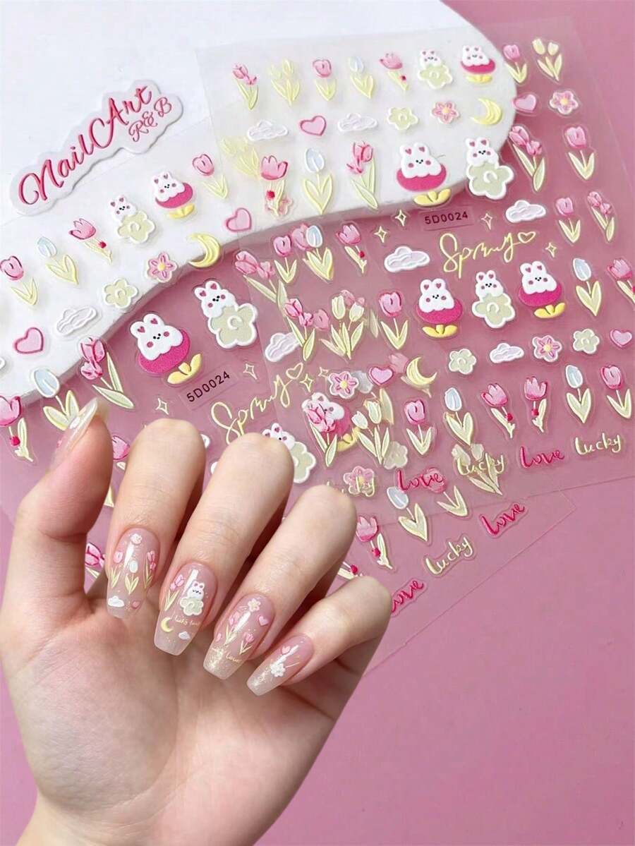 5D geprägte 3D Nagelkunst Aufkleber, DIY Nageldekoration, Tulpe & Hase, Herz, Mondsichel, Wolke, englische Buchstabenmuster, geeignet für Mädchen zum Erstellen von Nagelkunst, lebhaft süß niedlich INS Stil - Verschiedenfarbig - Übersicht 1