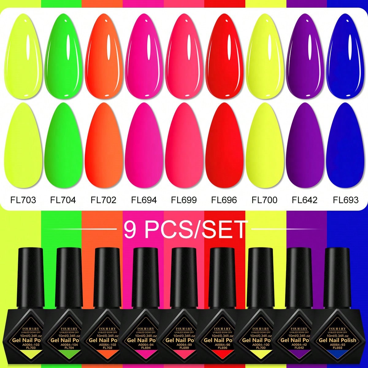 Shein Multicolor 9Pcs/Set 10Ml Fluorescent Gel Nail Polish, Neon Color Hema Tpo Free Semi-Permanent Soak-Off Uv Gel Nail Polish, Suitable For Summer Nail Art, Long-Lasting, Lead-Free Diy Nail Design Decoration, Nail Painting Gel Nail Polish, Suitable For 