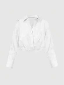 White Linen Front Cross Shirt, Women's Casual Long Sleeve Button Detail Top - White - View 7