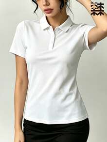 mulinsen 女款純色 Polo 領短袖襯衫，休閒運動日常夏季長袖上衣 - 月光白 - 查看 6