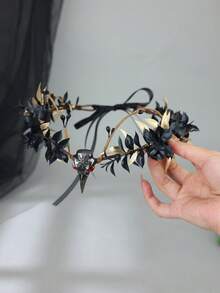 1 buah Bando Tengkorak Gagak Gaya Gothic Gelap Hitam & Emas, Ornamen Dahi Penyihir Peri Halloween, Mahkota Rambut Pita Pesta Cosplay - Hitam dan emas - View 2