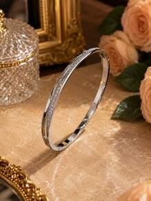 1pc Women's Fashionable Elegant Zirconia Inlaid Bracelet, Super Shiny High-End Luxury Minimalist Versatile Jewelry - S62955 - View 5