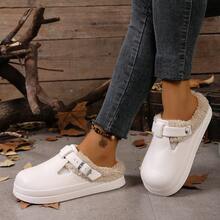 Pantuflas térmicas con forro para mujer, antideslizantes, con punta cerrada, correa ajustable con hebilla metálica, unicolor sin estampado, punta redonda, suela gruesa, estilo mule, estilo retro minimalista casual, para otoño/invierno, hogar, desplazamientos, viajes al aire libre, blancas, impermeables, de EVA con forro térmico y agujeros, suela suave engrosada y elevada, para estudiantes y mamás, uso diario versátil, pantuflas holgadas con forro térmico - Blanco - Ver 6