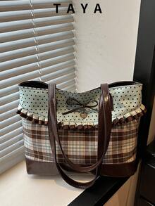 New Fashion Tote Bag, Sweet Style With Ruffle And Bow Decoration, Striped And Polka Dot Print Patchwork, Zipper Closure, Large Capacity Lightweight Minimalist Shoulder Bag. Suitable For Women's Daily Life, Casual, Commuting, Work, Vacation And Student Use - Coffee - View 2