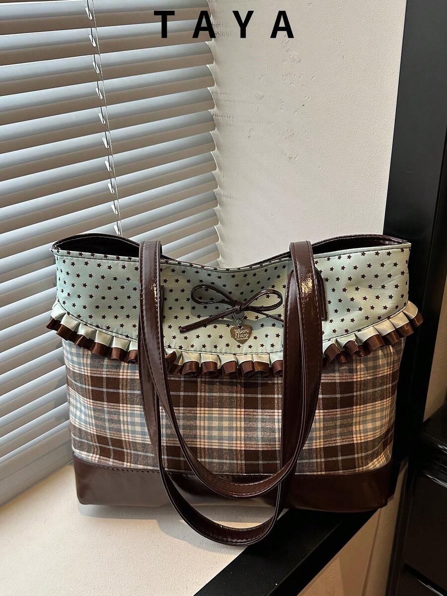 New Fashion Tote Bag, Sweet Style With Ruffle And Bow Decoration, Striped And Polka Dot Print Patchwork, Zipper Closure, Large Capacity Lightweight Minimalist Shoulder Bag. Suitable For Women's Daily Life, Casual, Commuting, Work, Vacation And Student Use