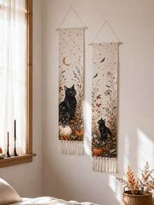 1pc/2pcs Vintage Black Cat Pumpkin Moon Bat Tassel Hanging Banner, Retro Halloween Vertical Tapestry, Spooky Farmhouse Style Autumn Wall Decor, Gothic Wildflower Scroll, Indoor Fireplace Porch Window Halloween Trick Or Treat Holiday Home Background Decoration Gift - Multicolor - View 6