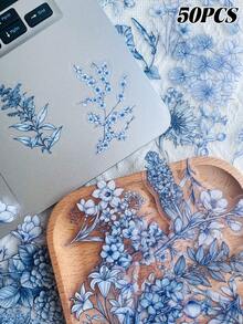 50-Piece Set Of Blue And White Floral And Plant Stickers For Decorating Suitcases, Laptops, Scrapbooks, Diaries, Skateboards, Guitars, Helmets, Water Bottles, And More-DIY Decal Set - Multicolor - View 2