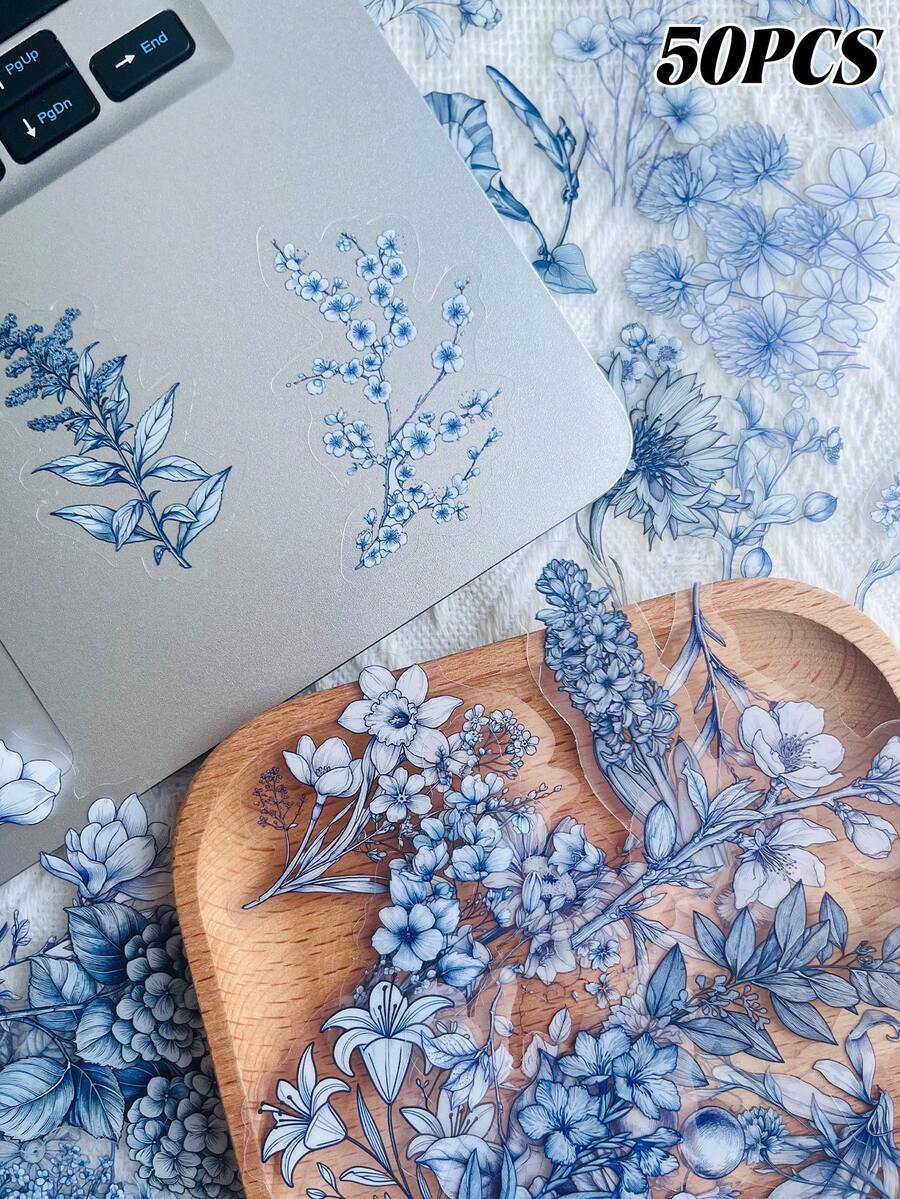 50-Piece Set Of Blue And White Floral And Plant Stickers For Decorating Suitcases, Laptops, Scrapbooks, Diaries, Skateboards, Guitars, Helmets, Water Bottles, And More-DIY Decal Set